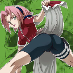Rule 34 | 1girl, :p, ass, ass focus, baggy clothes, bent over, bike shorts, cameltoe, clothes lift, come hither, curvy, dress, dress lift, green eyes, haruno sakura, haruyama kazunori, legs apart, looking back, lowres, naruto, naruto (series), pink hair, presenting, shorts, solo, spandex, spread legs, tongue, tongue out, wide stance