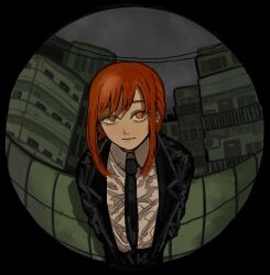 Rule 34 | 1girl, black jacket, black necktie, black pants, border, braid, braided ponytail, chainsaw man, collared shirt, formal, hhn 965, jacket, looking at viewer, makima (chainsaw man), medium hair, necktie, pants, peephole, perspective, red hair, ringed eyes, round border, shirt, shirt tucked in, sidelocks, solo, suit, suit jacket, white shirt, yellow eyes