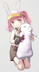 Rule 34 | 1girl, animal, animal ears, character request, child, closed mouth, expressionless, fake animal ears, girls&#039; frontline neural cloud, gloves, green eyes, grey background, highres, holding, holding animal, holding rabbit, looking at viewer, pink hair, rabbit, seiza, shirt, short twintails, shorts, simple background, sitting, sleeveless, sleeveless shirt, soeyumi, solo, twintails, visor cap, white shirt