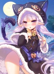 Rule 34 | 1girl, animal ears, animal hood, bell, black capelet, black jacket, black skirt, blush, bow, brown bow, capelet, cat ears, cat girl, cat hood, cat tail, commentary request, contrapposto, full moon, fur-trimmed capelet, fur-trimmed hood, fur-trimmed skirt, fur-trimmed sleeves, fur trim, gluteal fold, hood, hood up, hooded capelet, jack-o&#039;-lantern, jacket, jingle bell, kyouka (halloween) (princess connect!), kyouka (princess connect!), long hair, long sleeves, moon, night, night sky, outdoors, panties, parted lips, pointy ears, princess connect!, purple bow, purple hair, red eyes, sanom, sidelocks, signature, skirt, sky, solo, striped clothes, striped panties, tail, tail bow, tail ornament, tail raised, twintails, twitter username, underwear, very long hair, wide sleeves