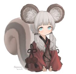 Rule 34 | 1girl, absurdres, animal ear fluff, animal ears, artist name, blade &amp; soul, blue eyes, blush, grey hair, highres, japanese clothes, kimono, koebushi (mat), long hair, low twintails, lyn (blade &amp; soul), red kimono, simple background, smile, solo, squirrel ears, squirrel girl, squirrel tail, tail, twintails, upper body, white background