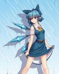 Rule 34 | &gt;:(, 1girl, adapted costume, aged up, ascot, bare shoulders, belt, blue bow, blue dress, blue eyes, blue hair, bow, breasts, cirno, clothing cutout, collarbone, commentary, dress, english commentary, feet out of frame, hair bow, hater (hatater), highres, ice, ice wings, looking to the side, medium breasts, pinafore dress, pointy ears, rain, shadow, shirt, short hair, short sleeves, shoulder cutout, skirt hold, sleeveless dress, solo, standing, thighs, touhou, v-shaped eyebrows, wet, white shirt, wings, yellow ascot