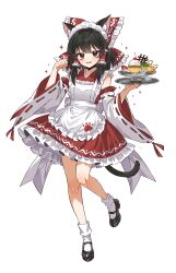 1girl alternate_costume animal_ear_fluff animal_ears apron back_bow black_shoes bow brown_hair cat_ears cat_tail cherry commentary cream detached_sleeves food food_request frilled_bow frilled_hair_tubes frills fruit full_body grey_99123 hair_bow hair_tubes hakurei_reimu highres holding holding_tray japanese_clothes kemonomimi_mode kimono long_hair looking_at_viewer maid maid_apron maid_headdress mary_janes open_mouth paw_pose paw_print print_apron pudding red_bow red_eyes red_kimono ribbon-trimmed_sleeves ribbon_trim shoes smile socks solo sparkle strawberry strawberry_slice tail touhou tray wa_maid white_apron white_bow white_socks