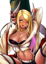 Rule 34 | 1girl, ;d, arms up, bare shoulders, belt, blonde hair, blush, breasts, cleavage, collarbone, cropped jacket, dark-skinned female, dark skin, draph, fur trim, gloves, granblue fantasy, highres, horns, jacket, jewelry, kumbhira (granblue fantasy), large breasts, long hair, long sleeves, looking at viewer, midriff, navel, one eye closed, open mouth, pointy ears, simple background, skirt, smile, solo, swept bangs, tassel, thighhighs, white background, white jacket, yellow eyes, ytoy