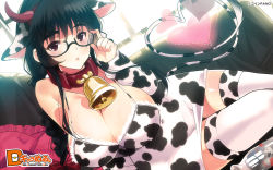 Rule 34 | 1girl, adjusting eyewear, animal ears, animal print, bell, neck bell, black hair, braid, breasts, cleavage, coin rand, collar, cow ears, cow girl, cow horns, cow print, cow tail, cowbell, dutch angle, glasses, highres, horns, huge breasts, indoors, long hair, navel, original, solo, tail, thighhighs, underwear, underwear only, wide hips