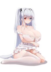 Rule 34 | 1girl, absurdres, azur lane, babydoll, bare shoulders, blue eyes, breasts, cleavage, clothing cutout, collarbone, dress, elbing (azur lane), elbing (sleepless night&#039;s wishes) (azur lane), flashing, heterochromia, highres, huge breasts, lace, lace-trimmed dress, lace panties, lace trim, lifted by self, long hair, looking at viewer, nightgown, official alternate costume, panties, qian hen, red eyes, simple background, single thighhigh, sitting, solo, strapless, thighhighs, underboob cutout, underwear, very long hair, white babydoll, white background, white hair, white nightgown, white panties, white thighhighs
