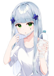 Rule 34 | 1girl, absurdres, blunt bangs, blush, bottle, breasts, collarbone, commentary request, cross hair ornament, dd 0000, facial mark, girls&#039; frontline, green eyes, hair ornament, hands up, highres, hk416 (girls&#039; frontline), holding, holding bottle, long hair, looking at viewer, mask, mask pull, medium breasts, mouth mask, open mouth, shirt, short sleeves, silver hair, simple background, solo, teardrop, upper body, water bottle, white background, white shirt