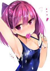 Rule 34 | 1girl, armpits, bad id, blush, condom, condom in mouth, condom wrapper, cum, cum on body, cum on clothes, cum on upper body, fate/grand order, fate (series), heart, helena blavatsky (fate), highres, looking to the side, mouth hold, muoto, one-piece swimsuit, purple eyes, purple hair, short hair, simple background, smile, solo, swimsuit, white background