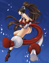 Rule 34 | 1girl, ass, breasts, hand fan, fatal fury, large breasts, long hair, ponytail, shiranui mai, solo, thong, unknowntico, very long hair