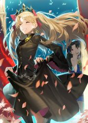 Rule 34 | 2girls, armlet, bare shoulders, black dress, black hair, black skirt, blonde hair, blue dress, blue ribbon, chain, closed eyes, clothes lift, commentary request, dress, earrings, ereshkigal (fate), ereshkigal (third ascension) (fate), fate/grand order, fate (series), hair ribbon, highres, hoop earrings, ishtar (fate), jewelry, kare huang, lifted by self, long hair, long skirt, multiple girls, necklace, parted bangs, red eyes, red ribbon, ribbon, skirt, skirt lift, skull, sleeveless, sleeveless dress, tiara, tohsaka rin, two side up