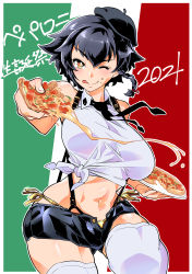 Rule 34 | 1girl, :p, absurdres, adapted costume, anzio school uniform, beret, bikini, bikini under clothes, birthday, black hair, black shorts, braid, breasts, brown eyes, character name, closed mouth, commentary request, cowboy shot, dated, dress shirt, flag background, food, food on face, girls und panzer, hat, highres, holding, holding food, holding tray, italian flag, large breasts, leg up, looking at viewer, micro shorts, midriff, navel, necktie, open fly, outline, partial commentary, pepperoni (girls und panzer), pizza, pizza slice, school uniform, shinkuukan (tetsuo3), shirt, short hair, shorts, side braid, sleeveless, sleeveless shirt, smile, solo, standing, suspender shorts, suspenders, swimsuit, thighhighs, tied shirt, tilted headwear, tongue, tongue out, translated, tray, white outline, white shirt, white thighhighs, wing collar, yellow bikini