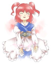 Rule 34 | 1girl, :d, ^ ^, blue kimono, closed eyes, coin, flower, grey sash, hair bobbles, hair ornament, holed coin, japanese clothes, kimono, long sleeves, nonamejd, obi, official style, onozuka komachi, open mouth, red hair, sash, short hair, smile, solo, touhou, two side up, white flower, zun (style)