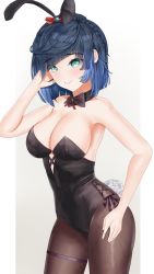 Rule 34 | 1girl, absurdres, animal ears, blue eyes, blue hair, breasts, cleavage, closed mouth, detached collar, diagonal bangs, dokimaru, fake animal ears, genshin impact, hand in own hair, hand up, highres, large breasts, leotard, looking at viewer, neck ribbon, pantyhose, playboy bunny, rabbit ears, rabbit tail, ribbon, short hair, smile, solo, tail, thigh strap, yelan (genshin impact)