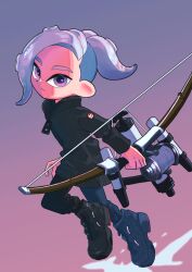 Rule 34 | 1boy, black footwear, black jacket, bow (weapon), closed mouth, commentary request, full body, gradient background, grey eyes, grey hair, high tops, highres, holding, holding weapon, jacket, looking at viewer, medium hair, nastar r0, nintendo, octoling, octoling boy, octoling player character, pink background, purple background, shoes, sneakers, solo, splatoon (series), splatoon 3, tentacle hair, tri-stringer (splatoon), two-tone background, weapon