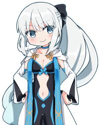 Rule 34 | 1girl, 1other, puff of air, absurdly long hair, black bow, black dress, blue choker, blue eyes, bow, braid, breasts, chibi, choker, closed mouth, clothing cutout, detached sleeves, doyagao, dress, fate/grand order, fate (series), french braid, grey hair, hair bow, half updo, hands on own hips, long hair, looking at viewer, medium breasts, morgan le fay (fate), navel cutout, ponytail, rabiiandrain, side braid, simple background, smug, solo, very long hair, white background