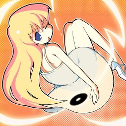 Rule 34 | 1girl, ;o, back, bare shoulders, blonde hair, blue eyes, blush, dress, dutch angle, flat chest, glowing, halftone, halftone background, high heels, long hair, looking at viewer, looking back, lowres, mirakichi, one eye closed, open mouth, orange background, outline, pani poni dash!, rebecca miyamoto, see-through, see-through silhouette, shoes, sitting, solo, sundress, very long hair, white dress, wink