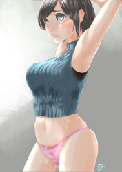 Rule 34 | 1girl, armpits, arms behind head, arms up, black hair, blush, breasts, closed mouth, crop top, din (pixiv25800872), grey background, knit sweater, large breasts, navel, original, panties, parted bangs, pink panties, ribbed sweater, short hair, signature, sleeveless, stained clothes, stomach, summer, sweat, sweater, sweaty clothes, thighs, turtleneck, underwear