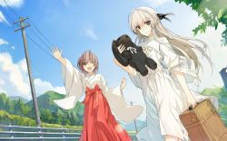 Rule 34 | 2girls, ;d, amatsume akira, blue sky, brown hair, clenched hand, day, dress, dutch angle, grey eyes, hakama, hakama skirt, highres, hill, holding, image sample, japanese clothes, kasugano sora, long hair, long sleeves, miko, miz, multiple girls, one eye closed, open mouth, outdoors, outstretched hand, power lines, short hair, skirt, sky, smile, stuffed animal, stuffed rabbit, stuffed toy, suitcase, sundress, trunk, utility pole, wallpaper, white dress, white hair, wide sleeves, yosuga no sora