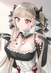 Rule 34 | 1girl, absurdres, azur lane, bare shoulders, between breasts, black dress, black nails, breasts, cleavage, clothing cutout, dress, formidable (azur lane), frilled dress, frills, grey hair, highres, large breasts, long hair, looking at viewer, milkcandyer, nail polish, necktie, necktie between breasts, red eyes, shoulder cutout, solo, twintails, two-tone dress, very long hair