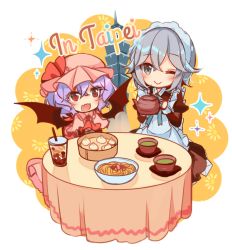 Rule 34 | 2girls, :d, ;&gt;, apron, baozi, bat wings, black dress, blue eyes, blue neckwear, blush, bubble tea, chibi, commentary request, dress, fangs, food, frills, green tea, grey hair, hat, holding, holding teapot, izayoi sakuya, juliet sleeves, kirero, long sleeves, looking at another, maid, maid headdress, mob cap, multiple girls, one eye closed, open mouth, pink dress, pink headwear, puffy sleeves, purple hair, red eyes, red neckwear, remilia scarlet, short hair, skin fangs, smile, sparkle, table, taipei 101, tea, teapot, touhou, wings, yellow background