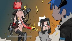 Rule 34 | 2girls, absurdres, arknights, burn scar, burnt clothes, cellphone, chinese text, demon horns, dual wielding, earrings, explosion, fiammetta (arknights), gil falasson, gloves, health bar, highres, holding, holding phone, horns, jewelry, mostima (arknights), multiple girls, no bra, panties, phone, scar, shirt, smartphone, tail, taking picture, torn clothes, torn panties, torn shirt, translation request, underwear