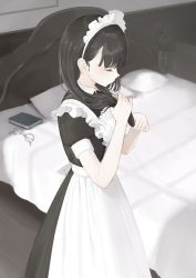 Rule 34 | 1girl, absurdres, apron, bad id, bad pixiv id, bed, black dress, black hair, book, closed eyes, closed mouth, collared dress, commentary request, dress, glasses, grey-framed eyewear, highres, holding, holding own hair, indoors, long hair, maid, maid apron, maid headdress, original, pillow, puffy short sleeves, puffy sleeves, round eyewear, shii (kairi-t-k0317), short sleeves, solo, standing, unworn eyewear