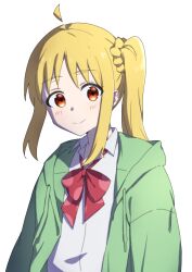 Rule 34 | 1girl, ahoge, blonde hair, bocchi the rock!, bow, bowtie, brown eyes, closed mouth, collared shirt, detached ahoge, green jacket, highres, ijichi nijika, jacket, long hair, mosa 1120, one side up, open clothes, open jacket, red bow, red bowtie, school uniform, shimokitazawa high school uniform, shirt, side ponytail, simple background, smile, solo, upper body, white background, white shirt