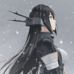 Rule 34 | 1girl, :o, black hair, breasts, brown eyes, commentary request, elbow gloves, from side, gloves, grey background, headgear, kantai collection, large breasts, long hair, looking up, nagato (kancolle), nagato kai ni (kancolle), parted lips, rokuwata tomoe, signature, snowing, solo, upper body