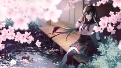 Rule 34 | 1girl, architecture, black hair, blurry, blurry background, breasts, cherry blossoms, chiroyo, east asian architecture, highres, kantai collection, large breasts, long hair, looking at viewer, ponytail, red eyes, sailor collar, school uniform, sidelocks, single thighhigh, sitting, solo, thighhighs, yahagi (kancolle)