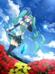 Rule 34 | 1girl, aqua eyes, aqua hair, black footwear, black skirt, blue sky, boots, closed mouth, cloud, cloudy sky, cosmo (bousoup), crystal, detached sleeves, flower, grey shirt, hand on own face, hatsune miku, highres, long hair, looking away, pleated skirt, red flower, shirt, skirt, sky, sleeveless, sleeveless shirt, smile, standing, thigh boots, thighhighs, twintails, very long hair, vocaloid, zettai ryouiki
