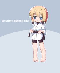 Rule 34 | 1girl, barefoot, belt, bike shorts, black belt, black hair, blonde hair, blue background, blue eyes, bright pupils, chinese commentary, closed mouth, colored tips, commentary request, dougi, english text, full body, highres, kuma-bound, looking at viewer, martial arts belt, medium hair, multicolored hair, original, simple background, solo, toes, white pupils