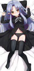 Rule 34 | 1girl, absurdres, arms up, bad id, bad twitter id, bed, black dress, black panties, black thighhighs, blue hair, cameltoe, cleft of venus, dakimakura (medium), dress, empty eyes, expressionless, highres, len (tsukihime), long hair, lying, navel, on back, open clothes, open dress, panties, pillow, pointy ears, red eyes, shimejinameko, solo, thighhighs, tsukihime, type-moon, underwear