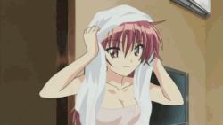 Rule 34 | 1girl, animated, animated gif, blush, bouncing breasts, breasts, cleavage, close-up, indoors, konoe sunao, long hair, lowres, matching hair/eyes, medium breasts, naked towel, nude, out-of-frame censoring, red eyes, red hair, salute, screencap, solo, standing, talking, topless, towel, towel on head, towel slip, tsuyokiss, upper body, wardrobe malfunction