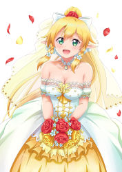 Rule 34 | 1girl, :d, absurdres, blonde hair, blush, bouquet, bow, breasts, choker, cleavage, collarbone, detached sleeves, dress, floating hair, flower, hair between eyes, hair bow, hair flower, hair ornament, high ponytail, highres, holding, holding bouquet, jewelry, ken-ji, layered dress, leafa, long dress, long hair, medium breasts, necklace, open mouth, petals, pointy ears, red flower, short sleeves, simple background, sleeveless, sleeveless dress, smile, solo, standing, striped clothes, striped dress, sword art online, very long hair, wedding dress, white background, white bow, white dress, white flower, white sleeves, yellow flower
