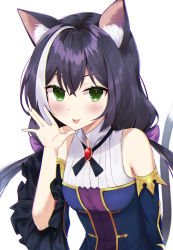 Rule 34 | 1girl, absurdres, animal ear fluff, animal ears, bare shoulders, black hair, blush, breasts, cat ears, cat girl, cat tail, commentary request, crossed bangs, dd 0000, detached sleeves, dress, fang, gem, green eyes, hair between eyes, hand up, highres, karyl (princess connect!), long hair, long sleeves, looking at viewer, low twintails, multicolored hair, open mouth, princess connect!, sleeveless, sleeveless dress, small breasts, smile, solo, streaked hair, tail, tail raised, tongue, tongue out, twintails, white hair