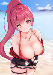 Rule 34 | 1girl, bikini, blush, breasts, cleavage, hanefuro, heart, heart necklace, heterochromia, highres, hololive, houshou marine, houshou marine (summer), jewelry, large breasts, necklace, o-ring, o-ring thigh strap, open clothes, ponytail, solo, standing, swimsuit, thigh strap, virtual youtuber