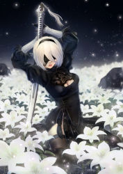 Rule 34 | 1girl, arms up, black dress, blindfold, blurry, blurry background, boots, breasts, cleavage cutout, clothing cutout, commentary request, dress, feather trim, flower, gloves, hairband, highres, holding, lips, long sleeves, lunar tear, medium breasts, mitsuki nite, mole, mole under mouth, nier:automata, nier (series), pale skin, parted lips, puffy sleeves, short dress, short hair, simple background, sword, thigh boots, thighhighs, weapon, white hair, 2b (nier:automata)
