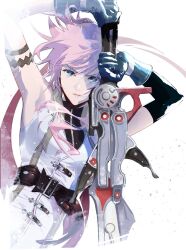 Rule 34 | 1girl, aqua eyes, armband, armpits, black gloves, breasts, cofffee, elbow gloves, fighting stance, final fantasy, final fantasy xiii, gloves, gunblade, hair between eyes, hair over shoulder, holding, holding weapon, lightning farron, looking at viewer, medium breasts, medium hair, pink hair, single elbow glove, sleeveless, sleeveless jacket, solo, upper body, vest, wavy hair, weapon, white bag, white vest