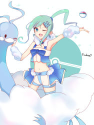Rule 34 | 1girl, absurdres, altaria, aqua eyes, aqua hair, arm up, arm warmers, armpits, artist name, asymmetrical hair, blue bow, blue footwear, blue ribbon, blue skirt, blue tank top, blush, boots, bow, child, collarbone, creatures (company), diadem, earrings, eyelashes, female focus, flat chest, friends, fur collar, fur trim, game freak, gen 3 pokemon, gen 6 pokemon, hair ornament, hand on another&#039;s face, happy, headwear request, height difference, high heel boots, high heels, highres, idol, jewelry, leg warmers, legs, lisia (pokemon), long image, looking at viewer, matching hair/eyes, midriff, miniskirt, navel, neck, nintendo, one eye closed, open mouth, poke ball, poke ball symbol, pokemon, pokemon (creature), pokemon oras, ponytail, ribbon, sekina (zawg3457), shirt, shirt bow, short shorts, shorts, showgirl skirt, side bangs, simple background, single thighhigh, skirt, sleeveless, sleeveless shirt, smile, sparkle background, standing, striped clothes, striped thighhighs, tall image, tank top, thighhighs, thighs, tiara, two-tone shirt, two-tone shorts, white shorts, wink