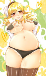 Rule 34 | 10s, 1girl, belly, blonde hair, breasts, cleavage, covering privates, covering breasts, drill hair, highres, konaminruku, large breasts, looking at viewer, mahou shoujo madoka magica, navel, open clothes, panties, plump, smile, solo, symbol-shaped pupils, thighhighs, tomoe mami, twin drills, underwear, yellow eyes