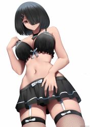 Rule 34 | 1girl, black hair, bow, bowtie, breasts, brown eyes, collarbone, feet out of frame, fishnet thighhighs, fishnets, garter straps, hair ornament, hair over one eye, hairclip, highres, large breasts, lingerie, looking down, miniskirt, navel, necktie, one eye covered, original, rev60, short hair, simple background, skirt, solo, thighhighs, twitter username, underwear, white background