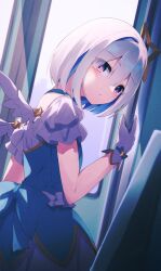 Rule 34 | 1girl, amane kanata, blue dress, blue hair, cropped jacket, dress, fragir, gloves, grey hair, hair intakes, halo, highres, hololive, hololive idol uniform, jacket, looking at viewer, looking back, official alternate costume, purple eyes, short hair, solo, star halo, virtual youtuber, white gloves, white jacket