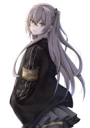 Rule 34 | 1girl, absurdres, armband, black jacket, girls&#039; frontline, hair between eyes, hands in pockets, highres, jacket, light brown hair, long hair, looking at viewer, looking back, one side up, parted lips, pleated skirt, satsumaagee, scar, scar across eye, skirt, smile, solo, ump45 (girls&#039; frontline), upper body, white background, yellow armband, yellow eyes