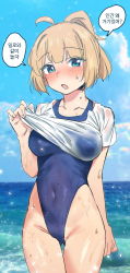 Rule 34 | 1girl, :o, ahoge, alternate hairstyle, blonde hair, blue eyes, blue one-piece swimsuit, blush, breasts, clothes lift, cloud, covered navel, day, griffon (last origin), highleg, highleg swimsuit, ichihyaku nanajuu, korean commentary, korean text, last origin, looking at viewer, medium breasts, ocean, one-piece swimsuit, outdoors, parted lips, ponytail, shirt, shirt lift, short hair, sky, solo, speech bubble, sweat, swimsuit, swimsuit under clothes