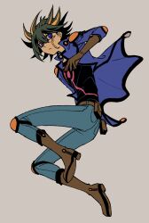Rule 34 | 1boy, absurdres, belt, black hair, black shirt, blue eyes, blue jacket, blue pants, boots, brown footwear, elbow pads, facial mark, flat color, fudo yusei, grey background, high collar, highres, jacket, jumping, knee pads, leather belt, looking back, looking to the side, male focus, multicolored hair, open clothes, open jacket, pants, shirt, short hair, shoulder pads, simple background, solo, spiked hair, streaked hair, tattoo, youko-shima, yu-gi-oh!, yu-gi-oh! 5d&#039;s