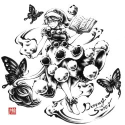 Rule 34 | 1girl, blob, book, bug, butterfly, doremy sweet, dress, footwear bow, greyscale, hat, insect, link163353, monochrome, nightcap, pom pom (clothes), shirt, short hair, skirt, smile, socks, solo, tail, tapir tail, touhou