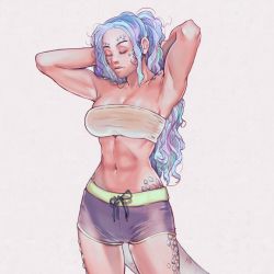 Rule 34 | 1girl, armpits, arms behind head, bare shoulders, blue hair, closed eyes, closed mouth, cowboy shot, dragon girl, dragon tail, highres, joy boy, long hair, original, purple shorts, scales, short shorts, shorts, standing, strapless, tail, toned, tube top, white background, white tube top