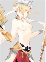 Rule 34 | 1girl, artoria pendragon (all), artoria pendragon (fate), blonde hair, blush, breasts, cleavage, cosplay, earrings, fate/grand order, fate (series), female focus, gilgamesh, gilgamesh (caster) (fate), gilgamesh (caster) (fate) (cosplay), gilgamesh (fate), jewelry, koto hara, looking at viewer, medium breasts, midriff, open clothes, saber (fate), short hair, simple background, solo, topless, upper body