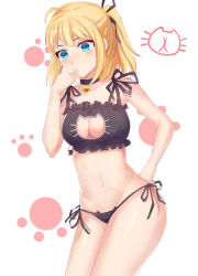 Rule 34 | 1girl, ahoge, artoria pendragon (all), artoria pendragon (fate), bad id, bad pixiv id, bare shoulders, bell, blonde hair, blush, breasts, cat cutout, cat ear panties, cat lingerie, choker, cleavage, cleavage cutout, clothing cutout, fate/stay night, fate (series), finger in own mouth, frills, green eyes, hand on own hip, highres, jingle bell, large breasts, long hair, meme attire, navel, panties, ponytail, saber (fate), side-tie panties, solo, underwear, underwear only, wujia xiaozi