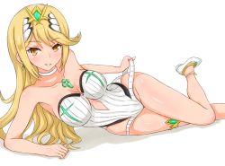 Rule 34 | 1girl, artist request, ass, bare arms, bare shoulders, blonde hair, blush, breasts, casual one-piece swimsuit, cleavage, competition swimsuit, covered erect nipples, earrings, hair between eyes, headgear, jewelry, large breasts, long hair, looking at viewer, lying, matching hair/eyes, medium breasts, mythra (radiant beach) (xenoblade), mythra (xenoblade), nintendo, one-piece swimsuit, parted lips, smile, solo, swimsuit, white one-piece swimsuit, xenoblade chronicles (series), xenoblade chronicles 2, yellow eyes